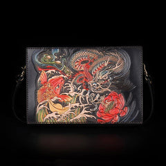 Handmade Black Tooled Dragon Carp Leather Clutch Wristlet Bag Messenger Bag Side Bag For Men - iwalletsmen