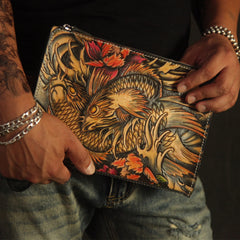 Cool Handmade Tooled Leather Tan Chinese Lion Clutch Wallet Wristlet Bag Clutch Purse For Men - iwalletsmen