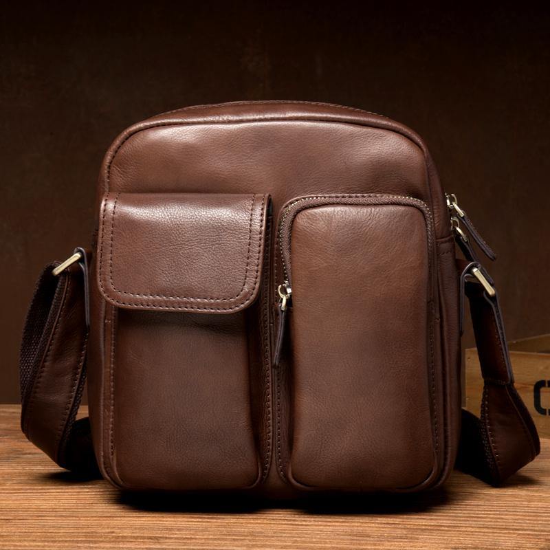 Cool Black Leather Small Courier Bags Brown Vertical Messenger Bag Postman Bag for Men - iwalletsmen
