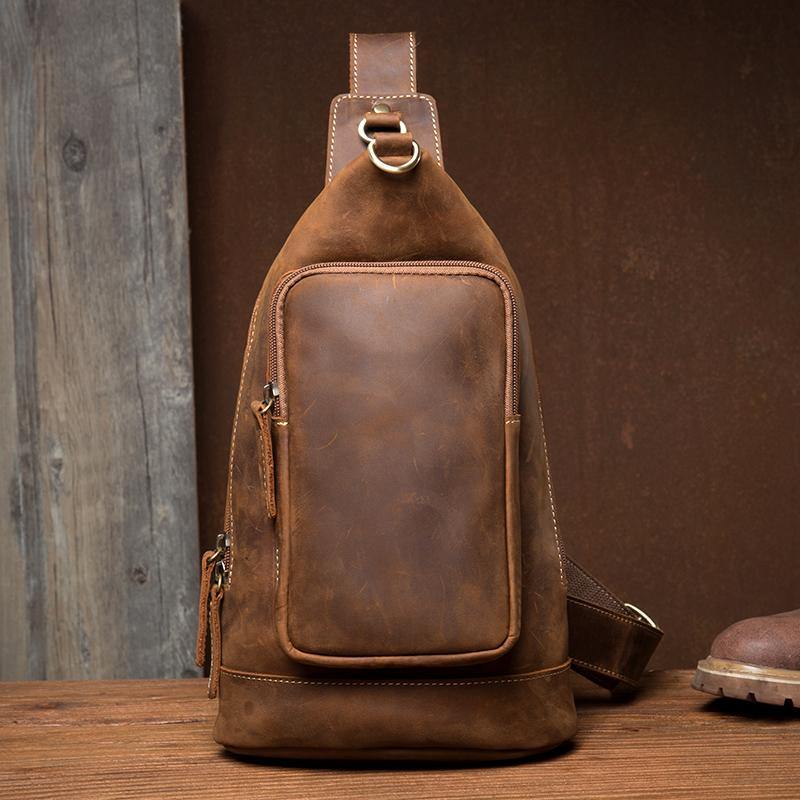 Brown Casual Leather Mens 8 inches Sling Bags Chest Bags One Shoulder Backpack for Men - iwalletsmen