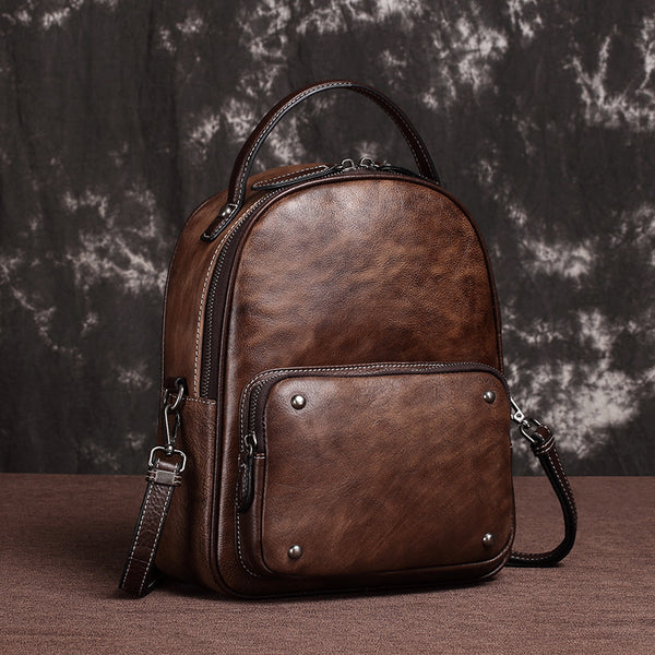 Brown Cool LEATHER Womens Small Red Backpack Mini College Backpack For Women - iwalletsmen