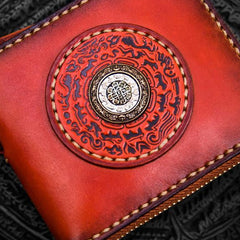 Handmade Leather Small Tibetan Tooled Mens billfold Wallet Cool Chain Wallet Biker Wallet for Men