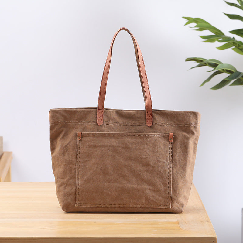 Casual Canvas Leather Mens Womens Large White Handbag Tote Bag Khaki Shoulder Bag Tote Purse For Men - iwalletsmen