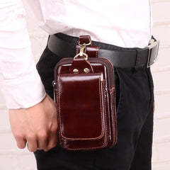 Cool Red Brown Oil Waxed Leather Mens Belt Case Belt Pouch Mini Waist Pouch Belt Bags For Men - iwalletsmen