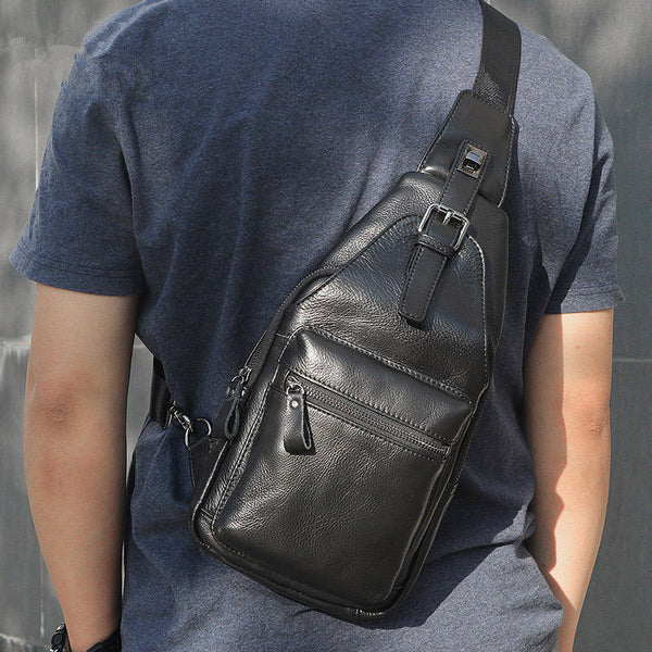 Black Leather Men's Sling Bag Coffee Chest Bag One Shoulder Backpack For Men - iwalletsmen