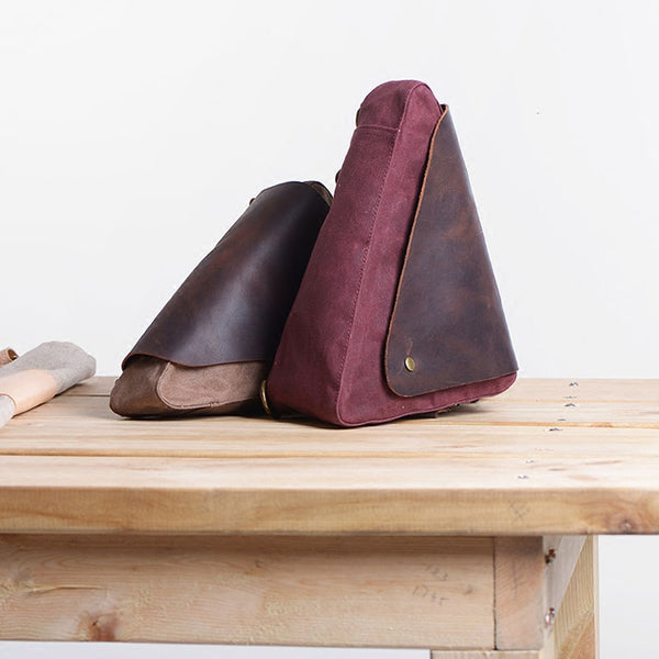 Cool Canvas Leather Triangular Mens Sling Bag Chest Bag One Shoulder Pack for men - iwalletsmen