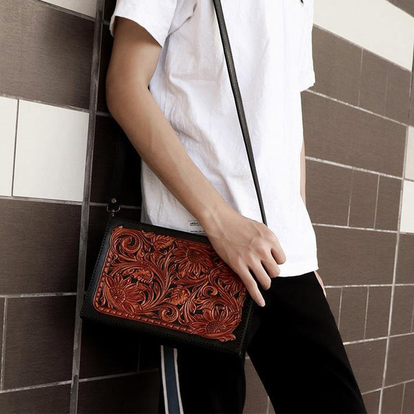 Handmade Black Tooled Floral Leather Messenger Bags Side Bag Clutch Wristlet Bag For Men - iwalletsmen