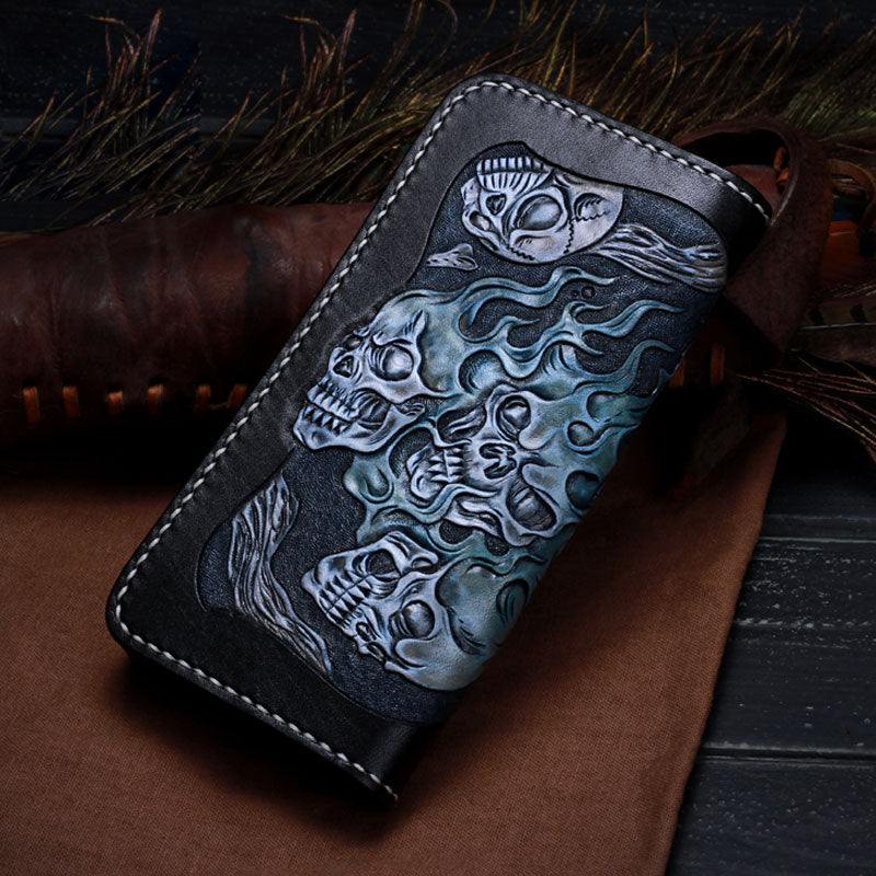 Handmade Leather Skull Tooled Mens Chain Biker Wallet Cool Leather Wallet With Chain Wallets for Men