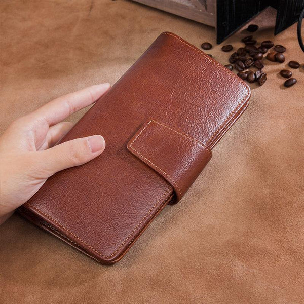 Brown Leather Long Wallet for Men Bifold Long Wallet Brown Multi-Card Wallet For Men - iwalletsmen