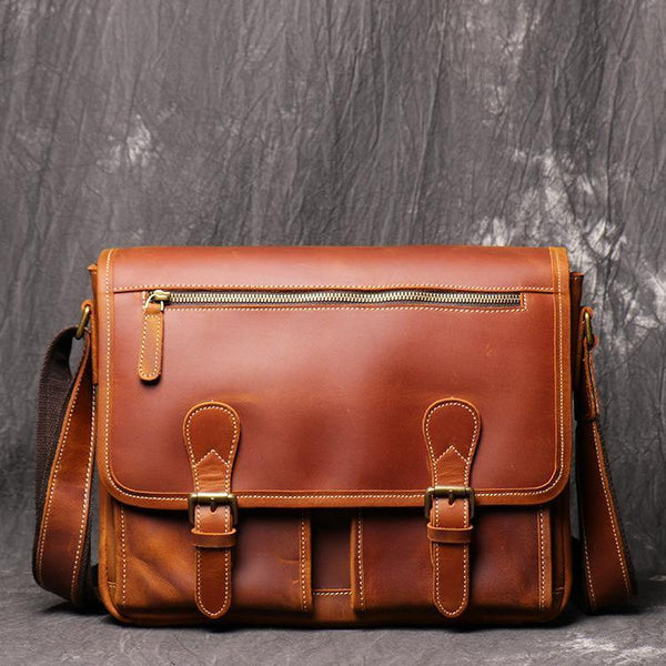 Cool Brown LEATHER MENS 12'' Side BAG COURIER BAG Brown MESSENGER BAG FOR MEN - iwalletsmen