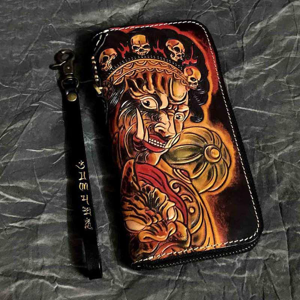 Badass Handmade Black Leather Men's Biker Long Wallet Mahākāla Tooled Zipper Long Chain Wallets For Men - iwalletsmen