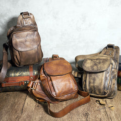 Brown MENS Vintage LEATHER Sling Bag Chest Bag Gray One Shoulder Backpack For Men - iwalletsmen
