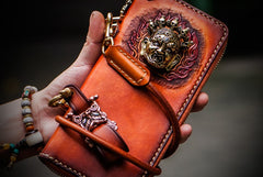 Handmade Leather Tooled Tibetan Mens Chain Biker Wallet Cool Leather Wallet Long Clutch Wallets for Men