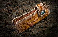 Handmade Mens Cool Tooled Floral Leather Chain Wallet Biker Trucker Wallet with Chain - iwalletsmen