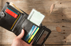 Black Leather Mens Small Wallets Trifold Vintage billfold Wallet for Men - iwalletsmen