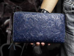 Handmade Leather Floral Tooled Mens Clutch Cool Slim Wallet Zipper Clutch Wristlet Wallet for Men