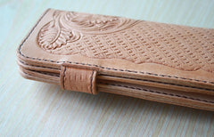 Handmade Mens Tooled Floral Beige Leather Long Biker Wallet Cool Long Chain Wallet for Men - iwalletsmen