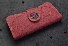 Handmade Leather Floral Mens Cool Travel Long Wallet Card Holder Card Slim Clutch Wallets for Men
