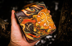 Handmade Leather Chinese Lion Tooled Mens billfold Wallet Cool Leather Wallet Slim Wallet for Men