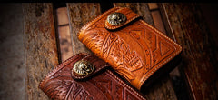 Handmade Leather Skull Indian Chief Tooled Mens billfold Wallet Cool Chain Wallet Biker Wallet for Men