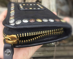 Genuine Leather Mens Cool Long Leather Wallet Biker Wallet Zipper Clutch Wallet for Men