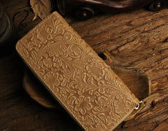 Handmade Leather Floral Floral Mens Cool Zipper Phone Travel Long Wallet Card Holder Card Slim Clutch Wallets for Men