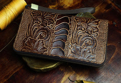 Handmade Leather Mens Tooled Floral Cool Zipper Phone Travel Long Wallet Card Holder Card Slim Clutch Wallets for Men