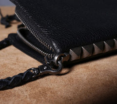 Genuine Leather Mens Cool Biker Chain Wallet Long Leather Wallet Clutch Wristlet Wallet for Men