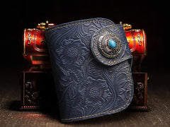 Handmade Leather Floral Mens Cool Biker Wallet Leather Wallet Men billfold Wallets Bifold for Men