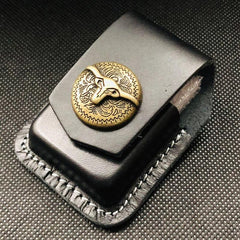 Black Handmade Leather Mens Cap Fish Zippo Lighter Holders Lighter Case For Men - iwalletsmen