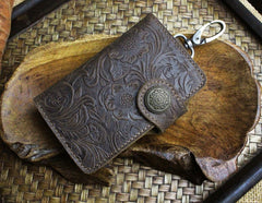 Handmade Leather Floral Mens Cool Key Wallet Wallet Card Holder Small Card Keychain Wallets for Men