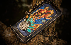 Handmade Leather Carp Mens Chain Biker Wallet Cool Leather Wallet Long Phone Wallets for Men