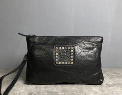 Handmade Genuine Leather Mens Clutch Cool Slim Wallet Zipper Clutch Wristlet Wallet for Men