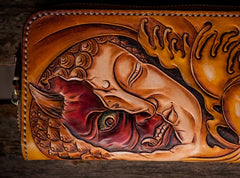 Handmade Leather Mens Clutch Wallet Cool Buddha&Demon Tooled Wallet Long Zipper Wallets for Men