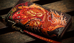 Handmade Leather Tooled Carp Mens Chain Biker Wallet Cool Leather Wallet Long Phone Wallets for Men