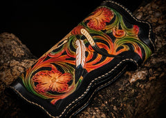 Handmade Leather Black Mens Tooled Skull Chain Biker Wallet Cool Leather Wallet Long Clutch Wallets for Men