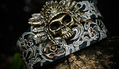 Handmade Genuine Leather Tooled Skull Mens Belt Custom Cool Leather Men Belt for Men