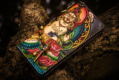 Handmade Leather Tooled Yellow Jambhala Mens Chain Biker Wallet Cool Leather Wallet Zipper Long Phone Wallets for Men
