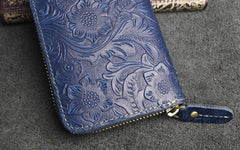 Handmade Leather Floral Mens Cool Travel Long Wallet Card Holder Card Slim Clutch Wallets for Men