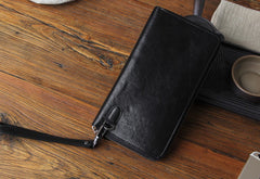 Genuine Leather Mens Cool Long Leather Wallet Biker Wallet Zipper Clutch Wristlet Wallet for Men