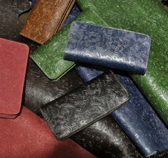 Handmade Leather Floral Mens Cool Travel Long Wallet Card Holder Card Slim Clutch Wallets for Men