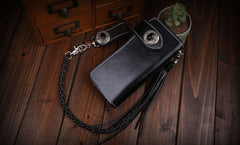 Handmade Leather Mens Cool Black Obsidian Chain Wallet Biker Trucker Wallet with Chain