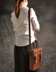 Handmade Vintage Coffee Leather Mens Messenger Bag Box Shoulder Bags for Men - iwalletsmen
