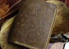 Handmade Leather Floral Mens Cool Slim Leather Wallet Men billfold Wallets Bifold for Men