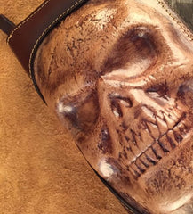 Handmade Genuine Leather Mens Clutch Cool Long Wallet Skull Zipper Clutch Wristlet Wallet for Men
