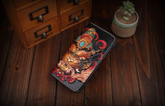 Handmade Leather Mens Clutch Wallet Tooled Cool Monster Wallet Long Zipper Wallets for Men