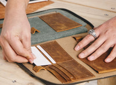 Gray Canvas Leather Mens Large Clutch Wallet Zipper Wristlet Bag Purse for Men - iwalletsmen