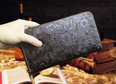 Handmade Leather Floral Mens Cool Travel Long Wallet Card Holder Card Slim Clutch Wallets for Men