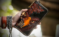 Handmade Leather Mens Tooled Eagle Chain Biker Wallet Cool Leather Wallet Long Clutch Wallets for Men