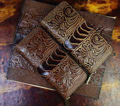 Handmade Leather Mens Tooled Floral Cool Zipper Phone Travel Long Wallet Card Holder Card Slim Clutch Wallets for Men